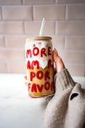 Trinkglas "More  amor por favor" mit Bambusdeckel und Strohhalm