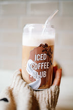 Trinkglas "iced coffee club" mit Bambusdeckel und Strohhalm