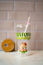 Trinkglas "matcha morning" mit Bambusdeckel und Strohhalm