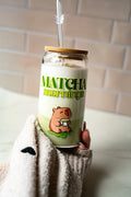 Trinkglas "matcha morning" mit Bambusdeckel und Strohhalm