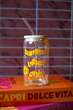Trinkglas "summer vibes only" mit Bambusdeckel und Strohhalm